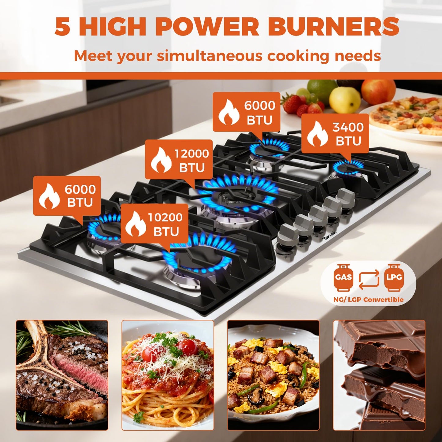 TOPWISH 12 Inch Gas Cooktop, LPG/NG Convertible Built-in Gas Stove Top with 2 Burners 18000BTU, 304 Stainless Steel 2 Burner Propane Stove, Propane Stovetop Thermocouple Protect for Apartments, Rvs