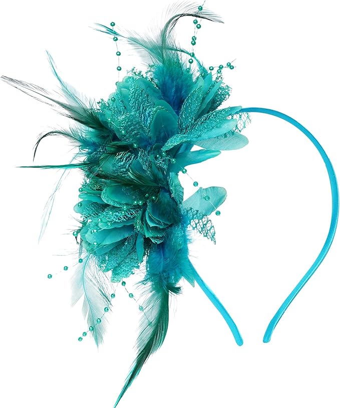 Womens Fascinators Hats Tea Party Hats for Women, Feather Pearl Veil Headband for Wedding Cocktail Dresses Accessories