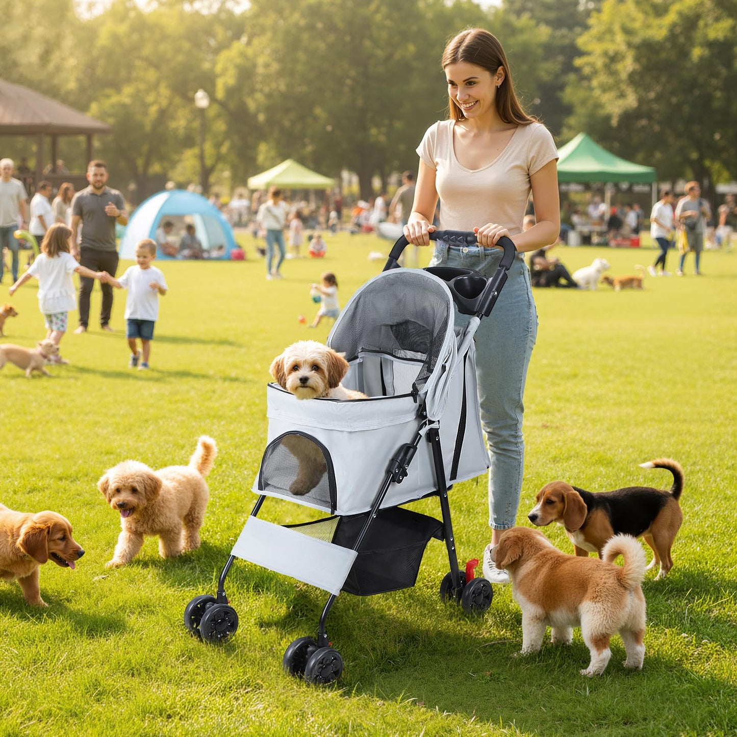 sxvbdway 4 Wheels Pet Stroller for Medium Small Dog up to 50lbs, Dog Cat Stroller, Outdoor Travel Pet Folding Strollers with Cup Holder, Detachable Carrier, Breathable Visible Mesh (Grey Upgraded)