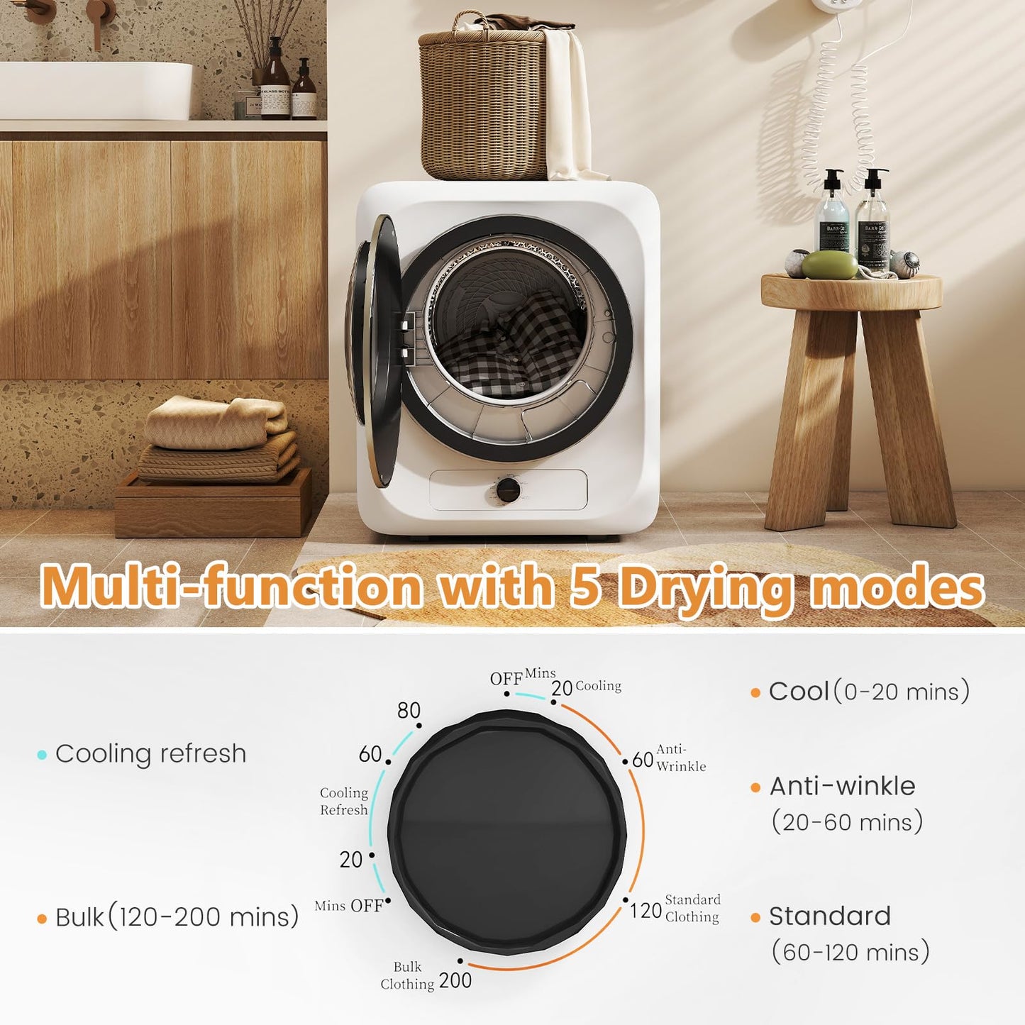 VCJ Portable Clothes Dryer for Apartment, 1.5 Cu.ft Compact Mini Electric Dryer with 5 Drying Modes, Stainless Steel Tub, Simple Knob Control, Dryer Machine for Dorm, RV, Small Space