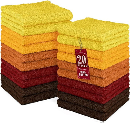 DecorRack 20 Pack 100% Cotton Wash Cloth, Luxurious Soft, 12 x 12 inch Ultra Absorbent, Machine Washable Washcloths, Assorted Set 1 (20 Pack)