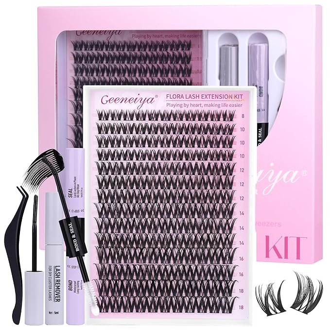 Geeneiya FLORA Lashes Clusters Kit DIY Lash Extension, 8-18MM Wispy Lash Clusters, Ultra-thin Band Eyelash Extension Kit with Waterproof Black Lash Bond and Seal, Lash Remover, Tweezers for Beginners