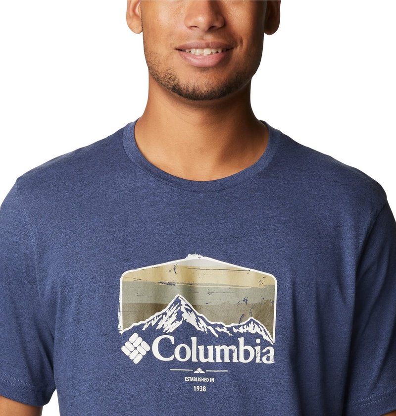 Columbia Men's Thistletown Hills Graphic Short Sleeve, Dark Mountain Heather/Hikers Graphic, X-Large