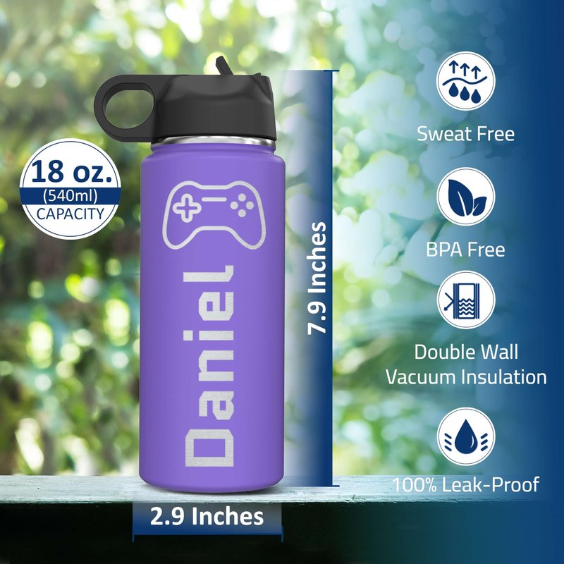 Personalized Boys Name & Icon Insulated Stainless Steel Water Bottle with Flip Top Lid & Straw Custom Engraved Kids, Teens, Children Gifts 18 oz.