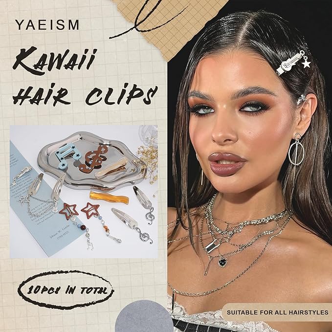 10PCS Y2K Hair Clips Dangle Coachella Music Hair Clip Boho Note Guitar Hair Accessories Snap Star Clips for Women Girls