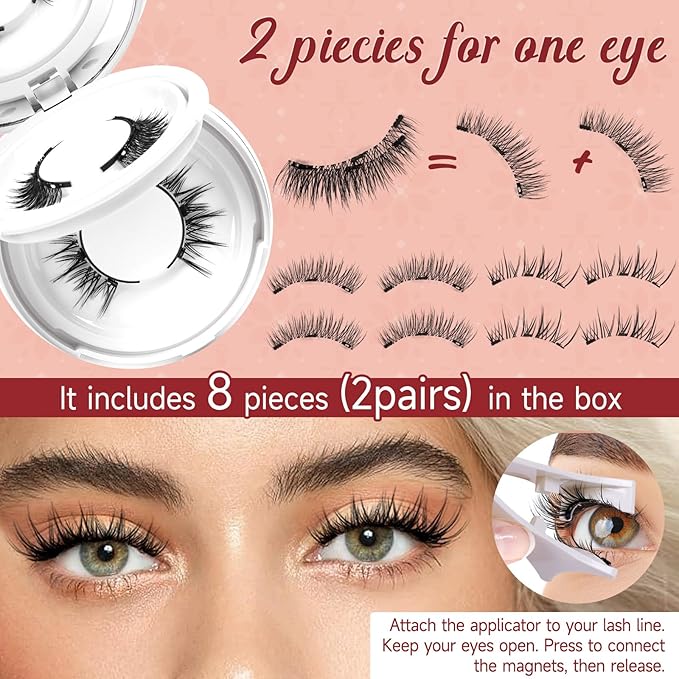 Higu clace Magnetic Eyelashes with Applicator 2 Pairs Magnetic Lashes Natural Look Wispy Magnet Lashes Easy to Wear and RemoveÃ¯Â¼ÂDJCX-A+B02)