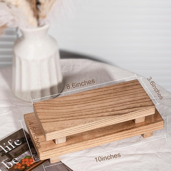 zoocatia Small Wood Tray Pedestal Stand Farmhouse Bathroom Decor Decorative Wooden Riser Kitchen Soap Dish Holder for Vanity, Counter, Sink, 10" x 4.5" - Brown