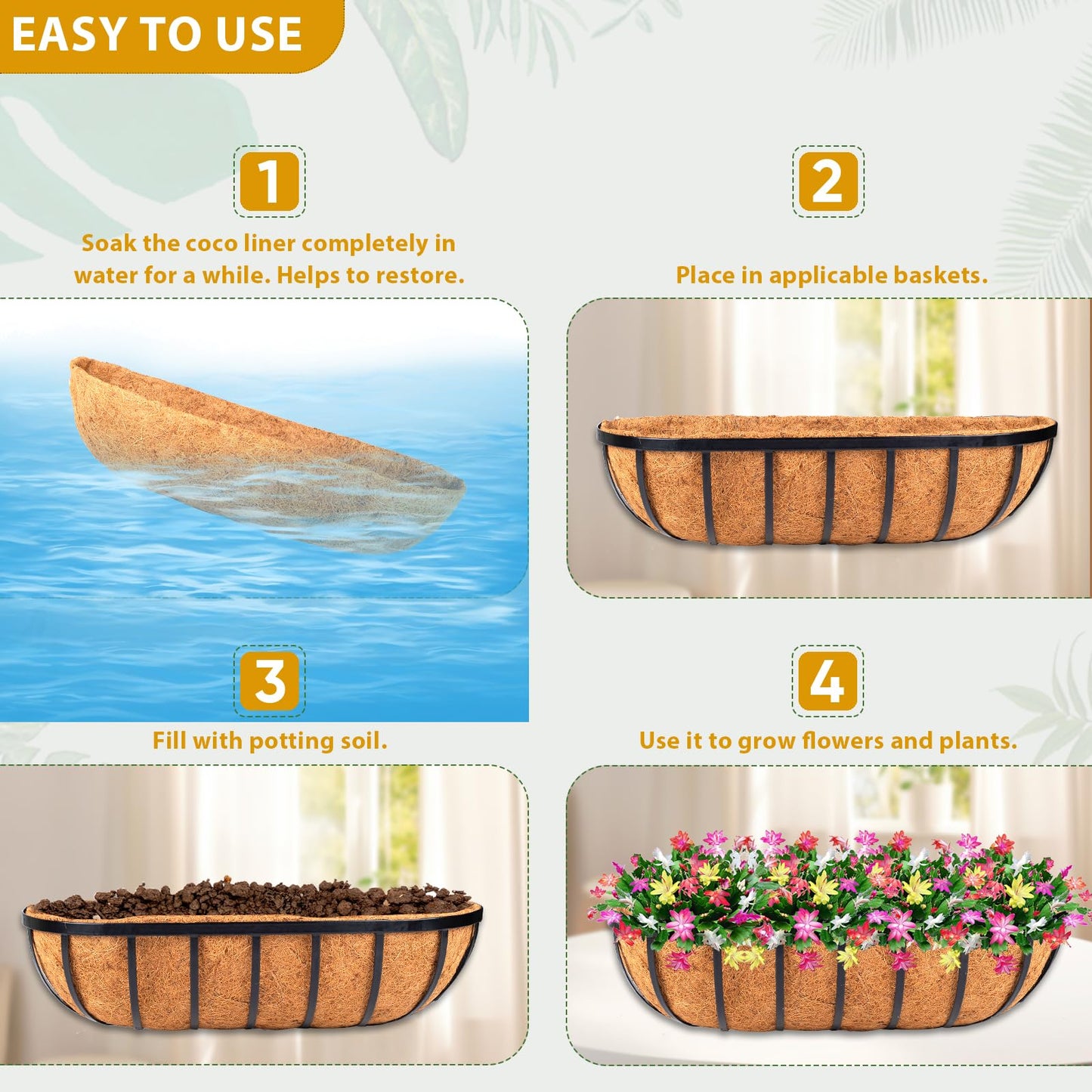 HKZ Coconut Liner for Planters - 2 Pcs 30 Inch Trough Coco Liners for Window Box, Natural Coconut Coir Fiber Planter Liners for Garden Fence Planter Flower Baskets