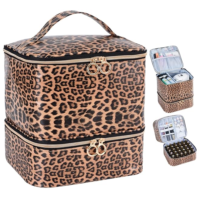 Uross Nail Polish Organizer Bag Holds 30 Bottles Nail Polish & Nail Kit -Nail Polish Storage Organizer Bag Nail Supplies Organizer Case for nail tech - Leopard