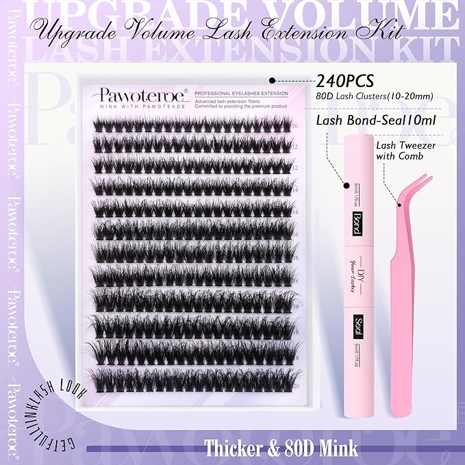 Lash Extension Kit Lash Clusters 80D Full DIY Cluster Eyelash Extension Kit 10-20mm Individual Lashes Mink with Lash Bond and Seal, Lash Tweezers for Self Application (Mink 80D,10-20mm, Kit)