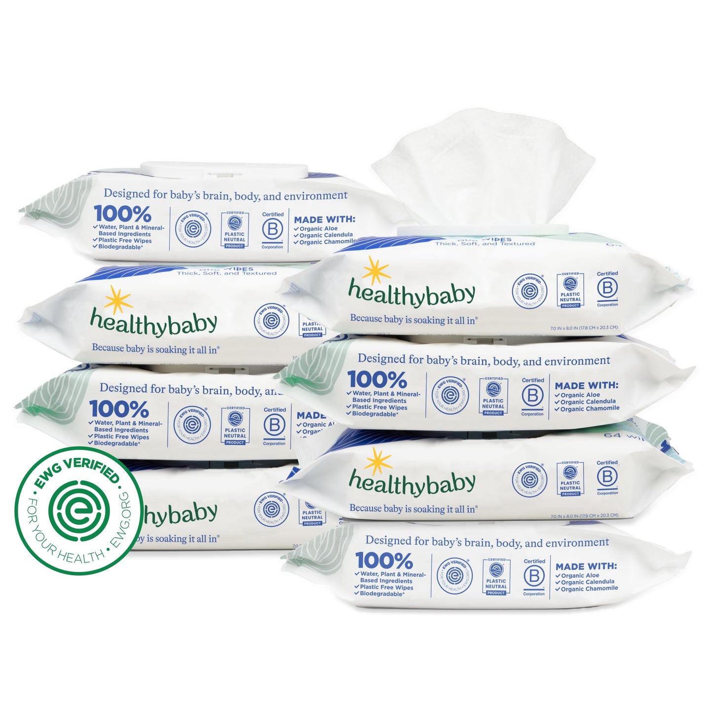 HealthyBaby Our Wet Wipes | EWG Verified Safe | 100% Water & Plant Based | Unscented & Safe for Sensitive Skin | Fragrance Free and Totally Chlorine Free (8 packs, 512 wipes)