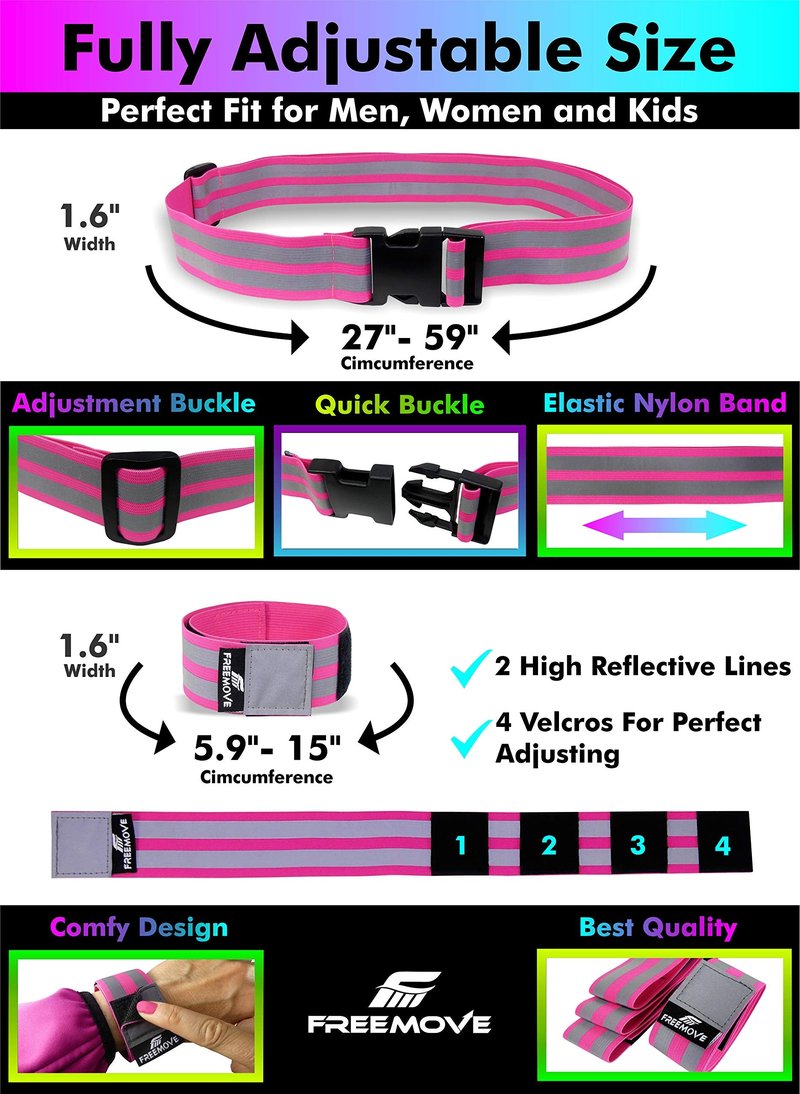 FREEMOVE Reflective Running Gear - a Pack with Adjustable Runners Waist Belt + 4 Arm/Wrist Bands for Men and Women - Stay Safe Day or Night When Dog Walking, Running, Cycling, Jogging, Biking, MTB