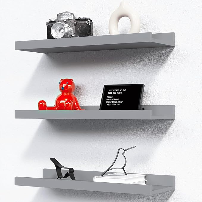 RICHER HOUSE 3 Set Floating Shelves for Wall, 16 inches Wall Mounted Shelves with Lip for Storage, Display Picture Ledge Shelf for Bedroom Bathroom Kitchen Living Room Decor, Modern Grey