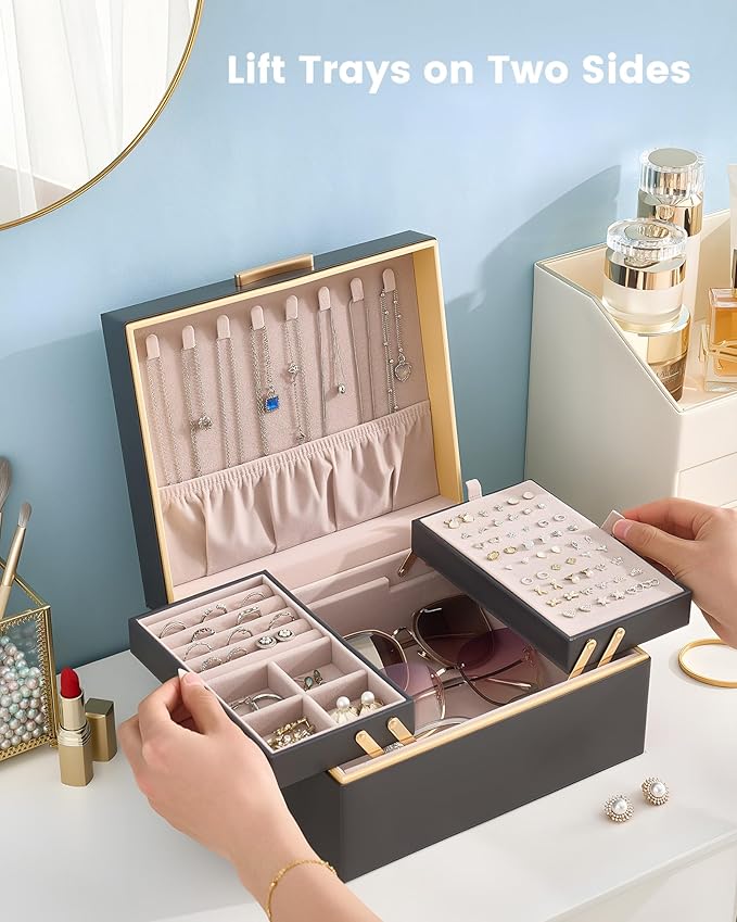 Lolalet Jewelry Box Organizer for Women Girls, 2 Layer Jewelry Organizers and Storage for Necklace Earrings Rings Bracelets, Large Jewellery Holder Case Birthday Valentine Gifts -Charcoal gray