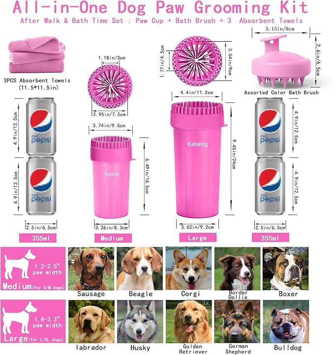 Dog Paw Cleaner Kit for L/XL Dogs - Quick Clean No Full Bath, 2-in-1 Paw Wash Cup with Detachable Silicone Brush Head, Includes Bath Brush & 3 Absorbent Towels, Pink