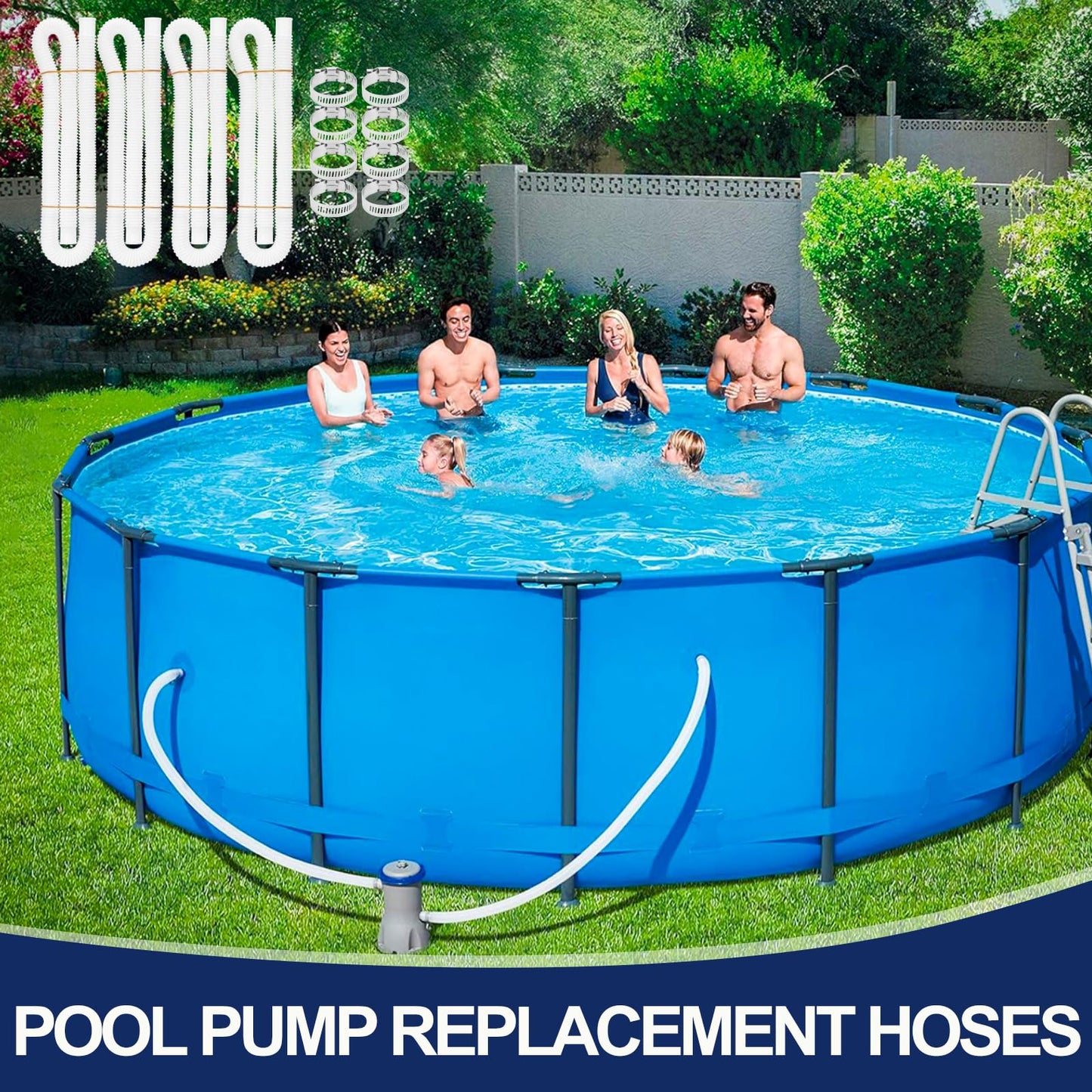 Pool Hoses for Above Ground Pools, 4 Pack 1.25 x 59 Inch Pool Filter Pump Hoses, Compatible with Intex Pool Filter Pump 607, 637 With 8 Metal Clamps(4)