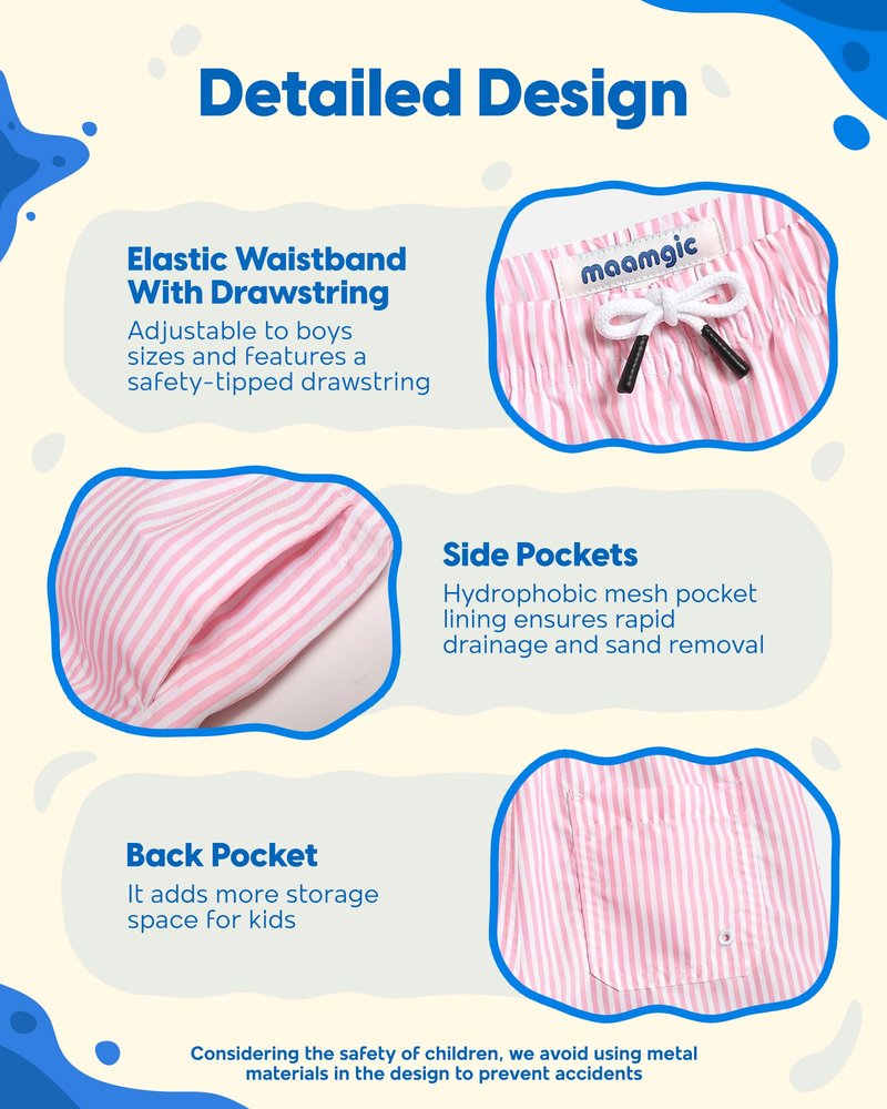 maamgic Boys Swim Trunks Toddler Swim Shorts Little Boys Bathing Suit Swimsuit Toddler Boy Swimwear Pink and White Stripes 7 Years,Pink and White Stripes,7 T