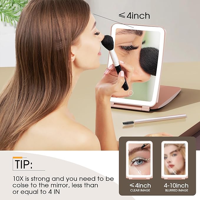 Travel Makeup Mirror with Lights and Magnification, 10X/1X Magnifying Vanity Mirror with 3 Colors & Brightness Adjustable, 2000 mAh Rechargeable Lighted Compact Mirror, Women Gift(Pink)