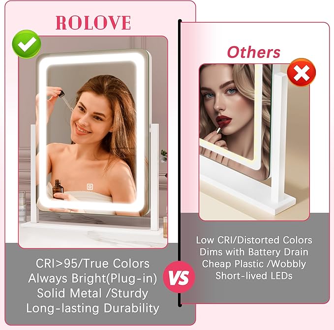ROLOVE Vanity Mirror with Lights, 12.6"x15" LED Makeup Mirror with Lights, Smart Touch Control 3 Color Dimmable, Lighted Desk Mirror for Bedroom, Light Up Mirror