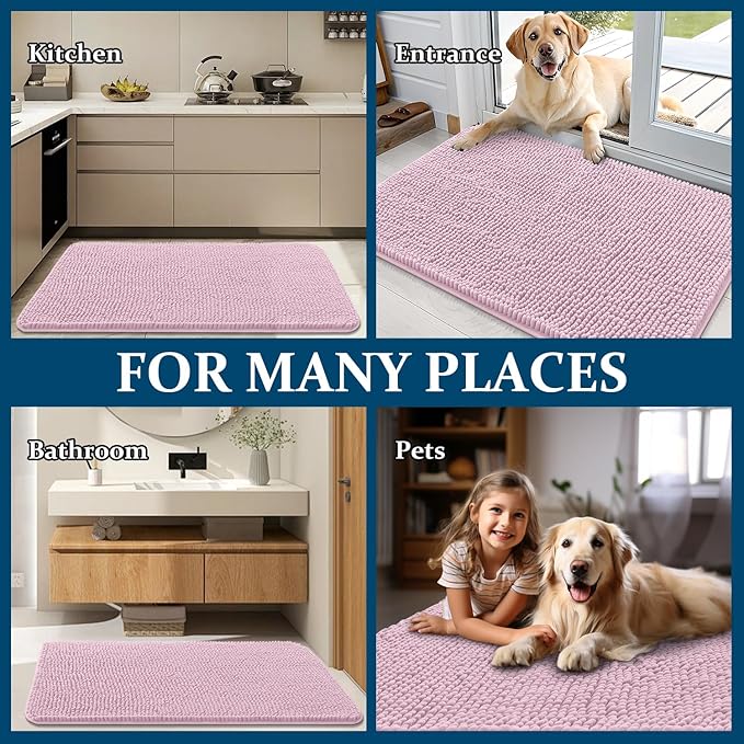 OLANLY Dog Door Mat for Muddy Paws 30x20, Absorbs Moisture and Dirt, Absorbent Non-Slip Washable Doormat, Quick Dry Chenille Mud Mat for Dogs, Entry Indoor Entryway Carpet for Inside Floor, Dusty Rose
