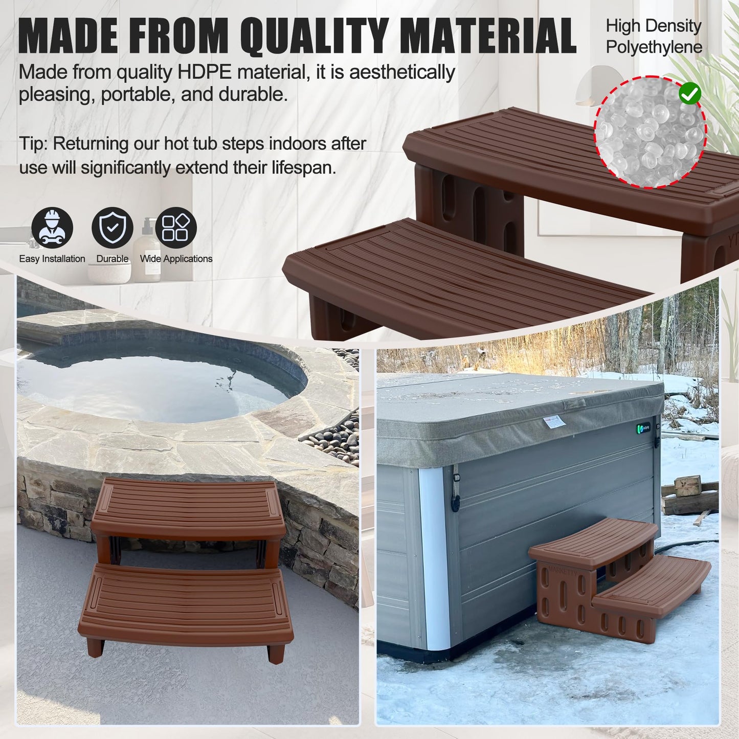 Hot Tub Steps, Non-Slip & Durable Hot Tub Stairs, Portable Universal Ladder Can Be Used Indoors and Outdoors (Reddish Brown)