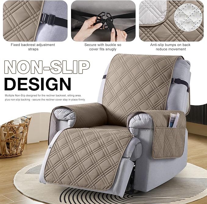 TAOCOCO 100% Waterproof Recliner Chair Covers, Non Slip Recliner Covers for Recliner Chair with Pocket, Washable Reclining Chair Cover Furniture Protector for Kids,Dogs(25'', Gray Taupe)