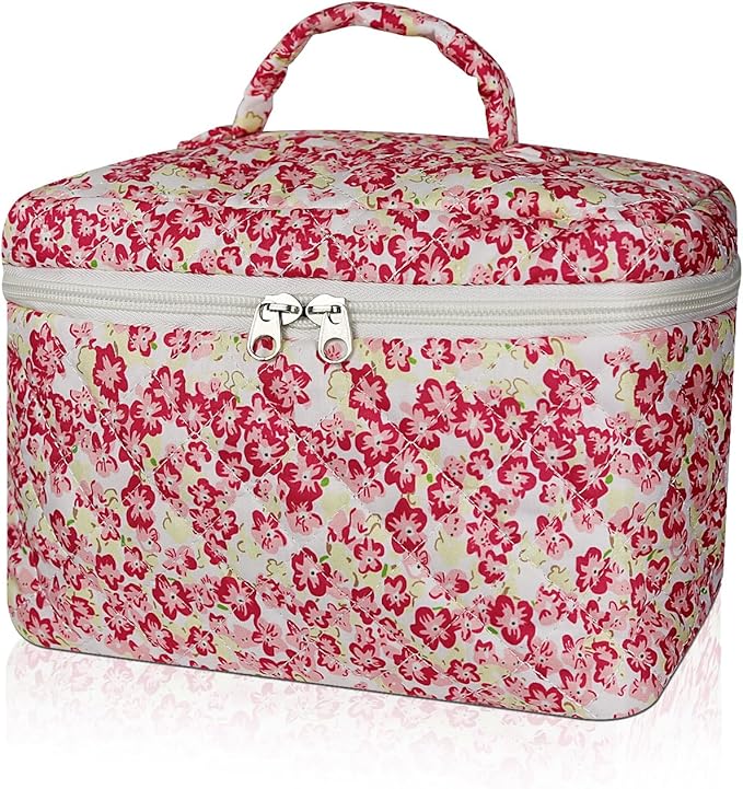 Gosect 1pc Large Makeup Bag, Cute Cosmetic Bag for Women Girls, Floral Coquette Aesthetic Toiletry Bag, Travel Make Up Organizer Bag (Red Small Flower