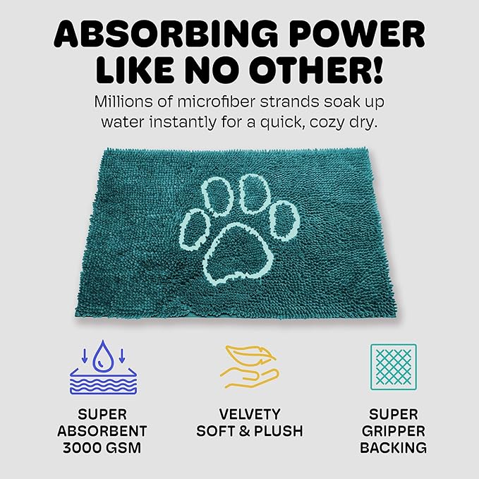 Dog Gone Smart Dirty Dog Doormat - Fast Drying Rug with Super Gripper Backing for Clean Floors - Super Absorbent and Machine Washable Mat for Muddy Paws - Petrol