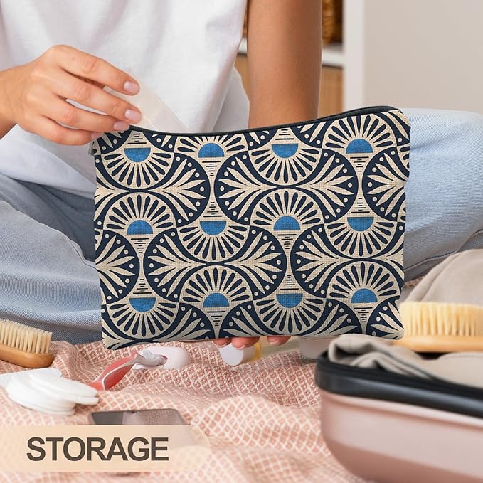 Boho Makeup Bag Gifts for Women, Sunset Leaf Aesthetic Makeup Pouch(Blue)