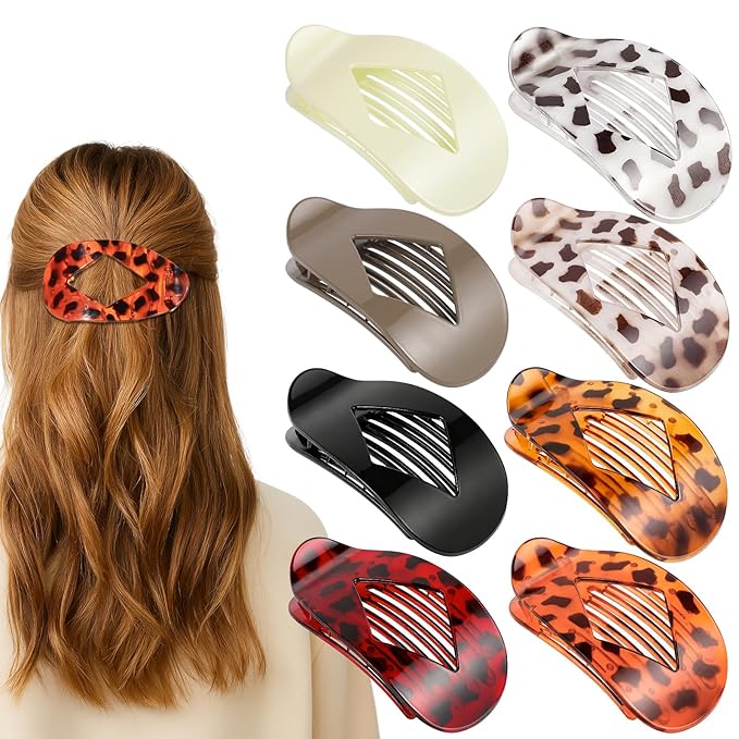 Obeoby 8 Pcs Flat Claw Clips for Women, Strong Hold French Flat Hair Clips for Thick Thin Hair Barrettes Accessories Round Large Medium (Tortoiseshell)