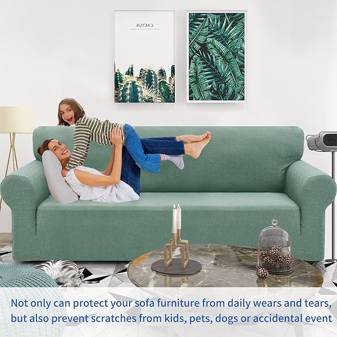 ZNSAYOTX 1 Piece Jacquard Couch Covers for 3 Cushion Couch Living Room High Stretch Sofa Cover Pets Dogs Friendly Anti Slip Thickened Slipcovers Furniture Protector (Large,New Pattern Pea Green)