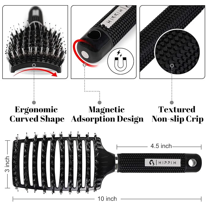 Boar Bristle Hair Brush 2 Pack, HIPPIH Wet & Dry No Pull Curved Vented Hair Brush, Styling Magical Detangler Brush for Kids & Men, Hairbrush for Women Can Adds Shine & Smooth Curly Thick Hair