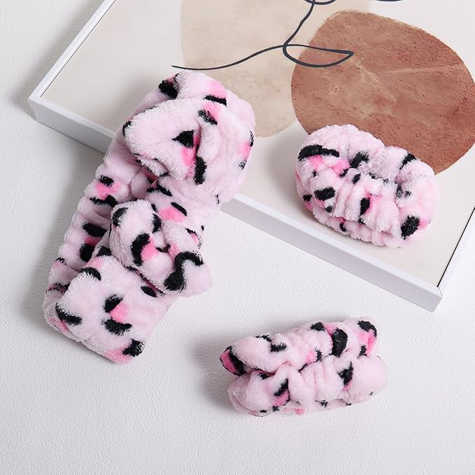 Pink Leopard Print Plush Wash Face Headband Bowknot Cheetah Spa Hair Band Wrist Cuffs Women Girls Facial Makeup Skincare Bath Head Wrap Lady Costume Party Supply Xmas Gift