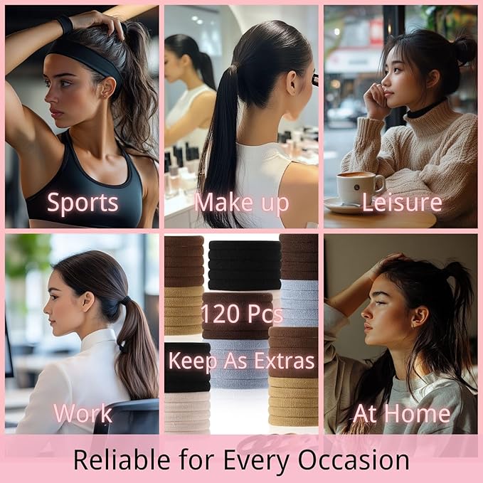 LuSeren 120 Pcs No Damage Hair Ties for Thick Hair, Large Soft Seamless Nylon Hair Elastics for Women, Ponytail Holders, Hair Accessories Ã¢ÂÂ Neutral Colors