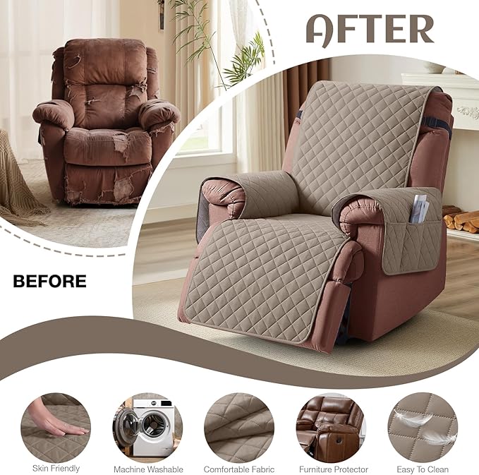 KinCam 100% Waterproof Recliner Chair Cover, Reclining Couch Covers for Pets, Dogs, Recliner Couch Slipcover Furniture Protector with Elastic Straps for Kids(23.6", Taupe)