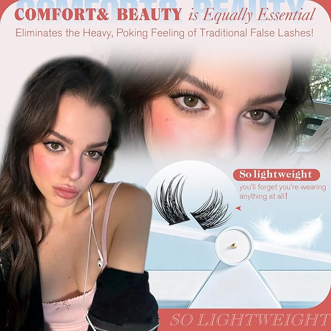 Lash Clusters Natural Look 8-10-12MM Short Cluster Eyelash Extensions for Clean Girl Makeup Wispy Eyelash Clusters C-curly Individual Lashes Thin Lash Band by Newcally