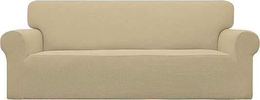 Easy-Going Stretch Oversized Sofa Slipcover 1-Piece Sofa Cover Furniture Protector Couch Soft with Elastic Bottom for Kids, Polyester Spandex Jacquard Fabric Small Checks Beige