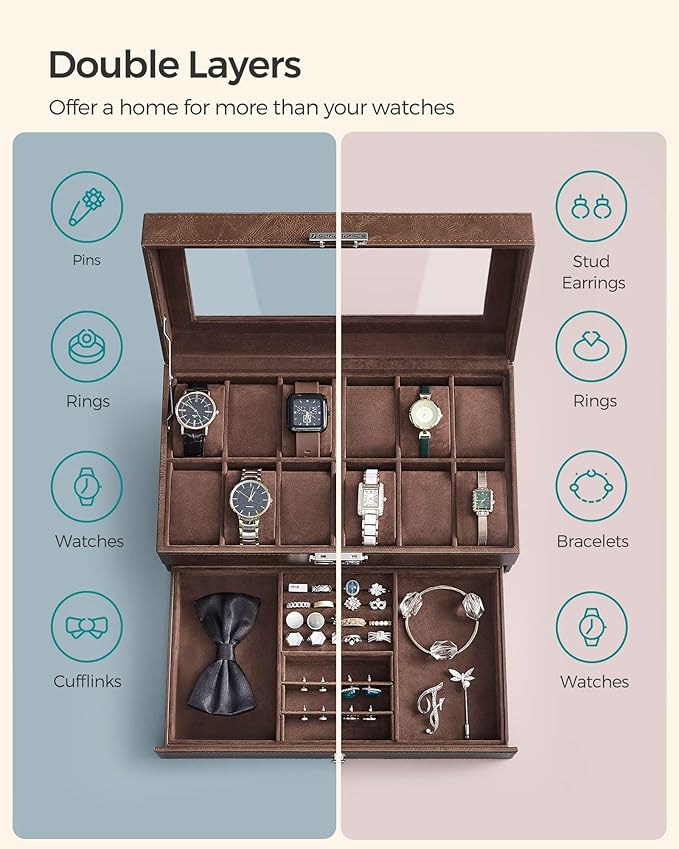 SONGMICS Watch Box, 12-Slot Watch Case Organizer with Large Glass Lid, 2 Layers, Removable Pillows, Metal Lock, Gift for Loved Ones, Brown Synthetic Leather, Brown Lining UJWB012K01