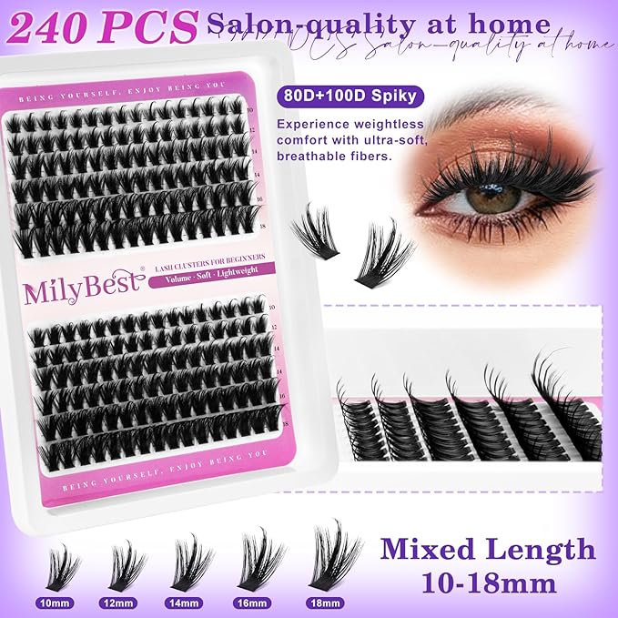 MilyBest 3 Styles Lash Clusters Kit Manga 636Pcs Eyelash Clusters Wispy Lashes Clusters D Curl Individual Cluster Lashes Natural 10-18mm False Eyelashes with Bond&Seal Spiky Lash Packs for Beginners