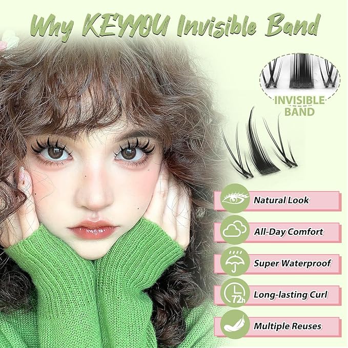 KEYYOU Fairy Lash Clusters 96Pcs D Curl 10MM Manga Lash Extension Eyelash Extension Wispy Natural Invisible Band Lash with Waterproof DIY Lash Extension at Home(Fairy-D-8MM)