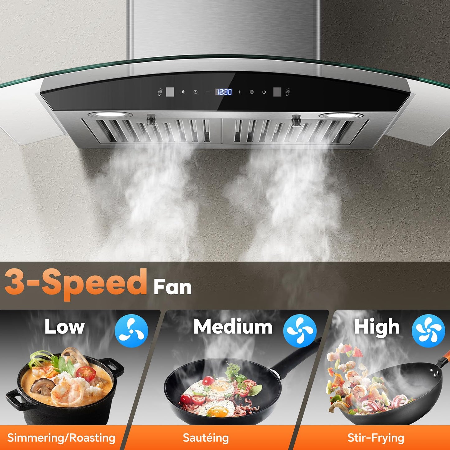 Range Hood 30 Inch, Tieasy Wall Mount Kitchen Hood with Ducted/Ductless Convertible Duct, Stainless Steel Chimney and Baffle Filters, Touch Control Fan Timer, LED Lights, 3 Speed Fan