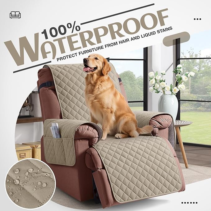 KinCam 100% Waterproof Recliner Chair Cover, Reclining Couch Covers for Pets, Dogs, Recliner Couch Slipcover Furniture Protector with Elastic Straps for Kids(28", Khaki)