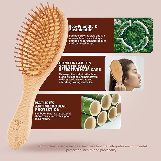 6-Pcs Bamboo Hair Brush Set-Detangling, Scalp Massage for Hair Growth, Wet/Dry Brush for Men, Women & Kids - for Thick, Curly, Thin, Long or Short - Paddle Wooden Hairbrush for Home, Travel Use