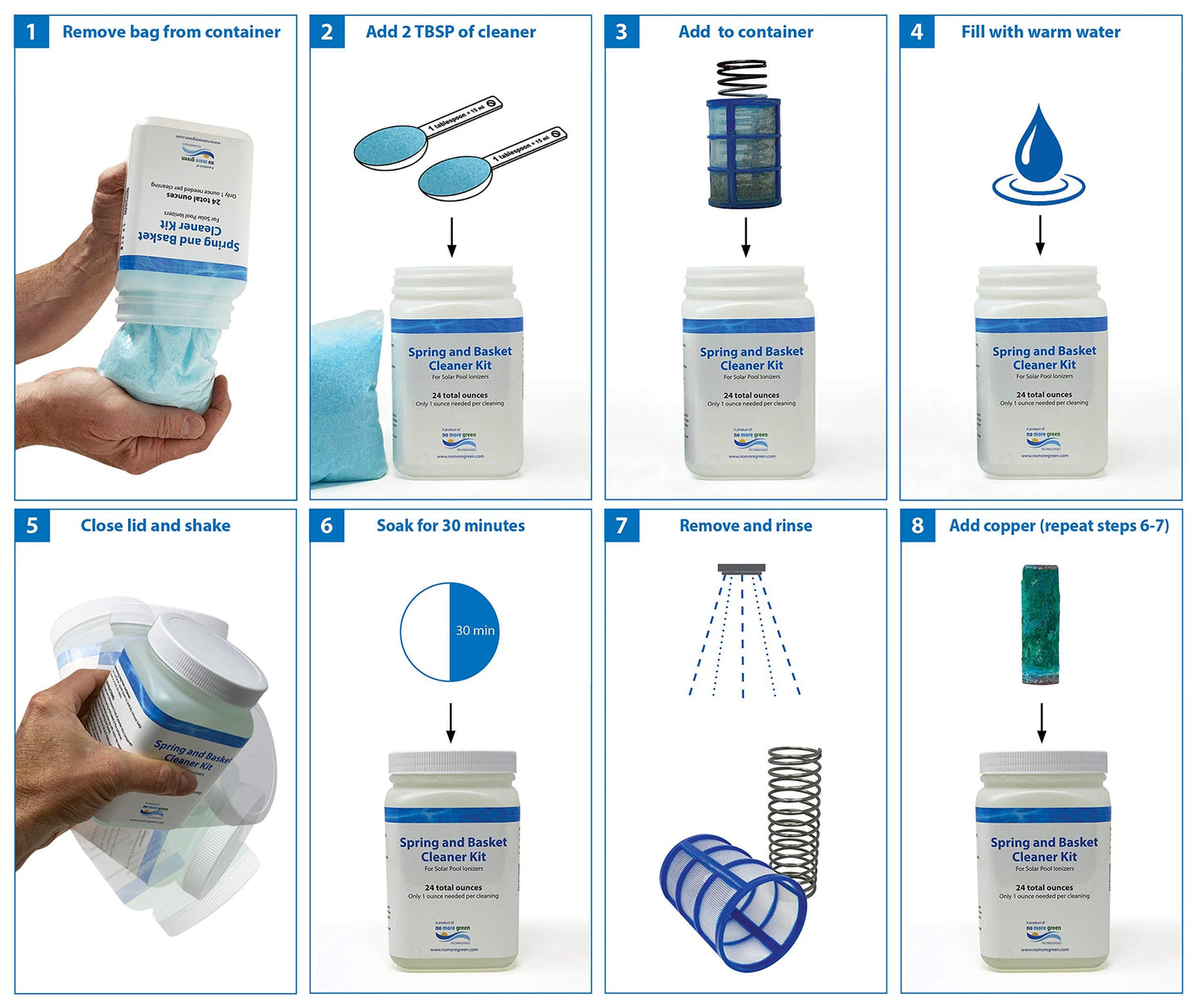 No More Green Technologies - Solar Pool Ionizer Cleaning Kit, Includes Spring and Basket Cleaner, Copper Ionizer for Pools, Easy Cleaner Kit Ionizer, Up to 24 Cleanings - Lifetime Replacement Warranty