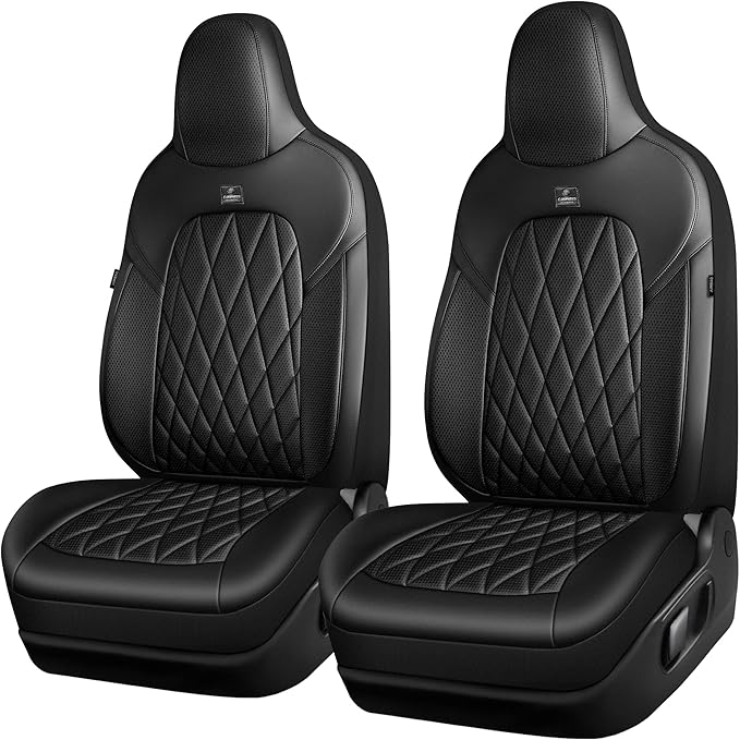 CAR PASS Nappa Leather High Back Front Seat Covers, Tesla Model 3 Model Y Breathable Faux Leather Front Bucket Seat Covers, Anti-Slip Airbag Compatible Universal Fit for Sedan SUV Van Truck, Black