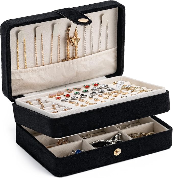 MODENGKONGJIAN Jewelry Organizer Box, 2-Layer Large Jewelry Storage Case, Portable Travel Jewelrys Display Holder for Earrings, Necklaces, Bracelets (Black,Velvet)