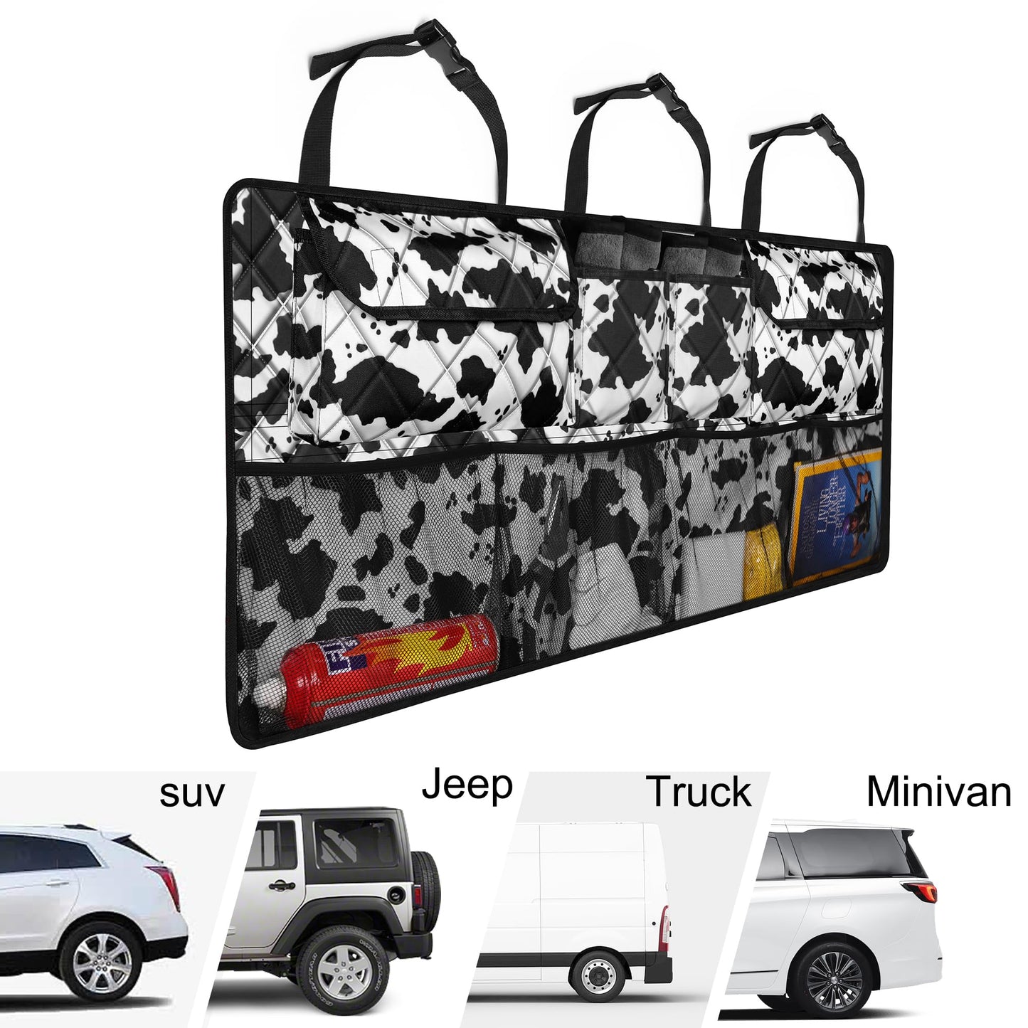 Femuar Car Trunk Organizer,Large Capacity Backseat Trunk Organizer(42"*18"),Collapsible Car Storage Bag with 8 Pocekt,SUV/MPV/Truck - Cow print