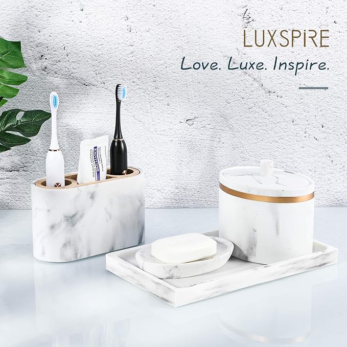 Luxspire Bathroom Vanity Tray, Resin Dresser Jewelry Ring Dish Tank Storage Kitchen Sink Countertop Organizer Plate Holder for Perfume Candles Soap Towel Plant Bathroom Accessories, M, Gravel White
