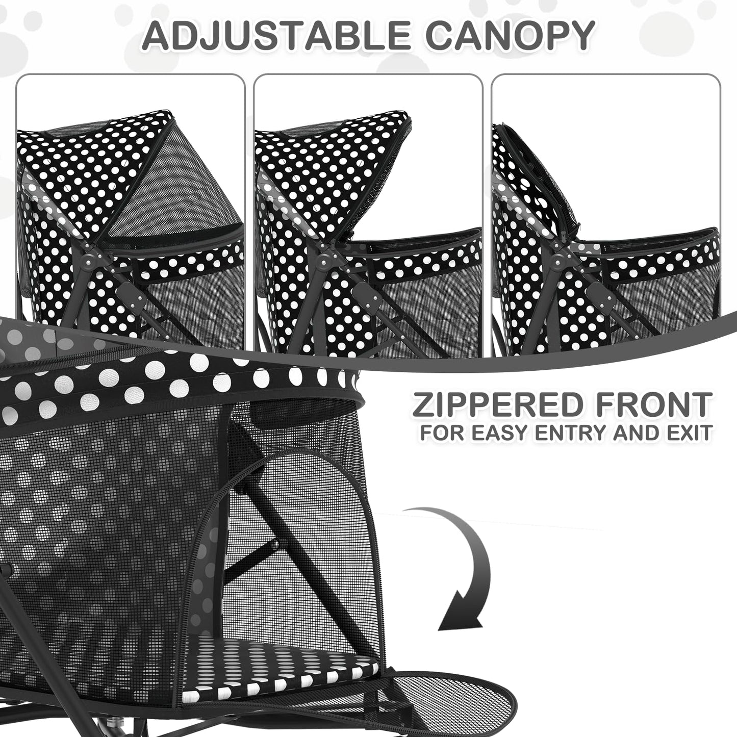 MoNiBloom 4 Wheels Pet Stroller, Easy-Fold Umbrella Shaped Dog Cat Jogger Stroller w/Storage Bag & Visible Mesh for Small/Medium Dogs Cats Black Polka Dots