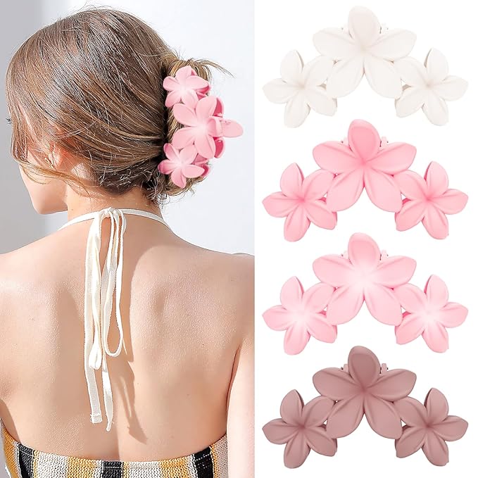ANBALA Flower Claw Hawaiian Hair Clip, 4PCS Large Plumeria Hair Clips for Women, Non-Slip Strong Hold Clips for Thick Hair, Beach Hair Accessories (Pink, Gradient White, Dark Pink)
